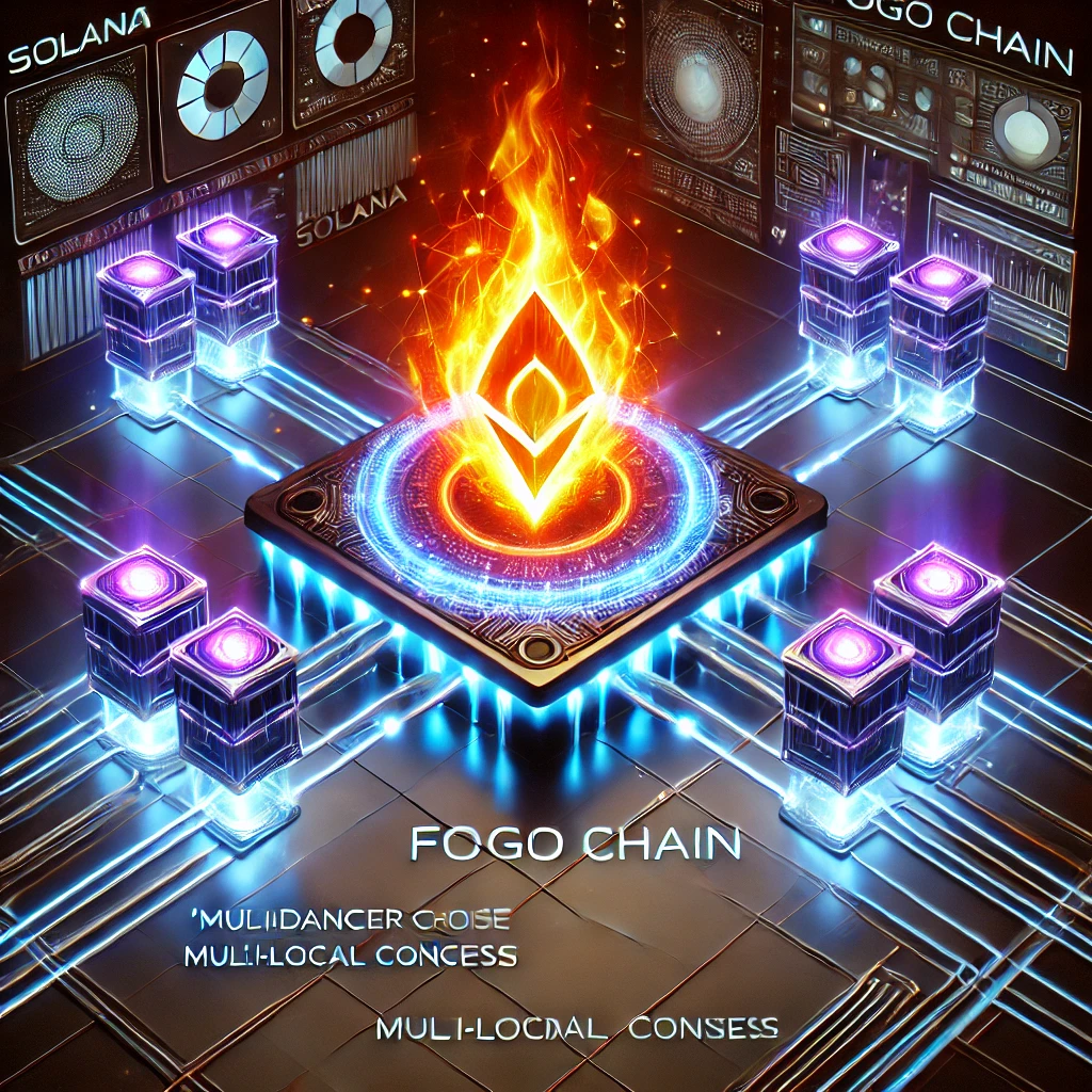 Futuristička slika blockchain mreže Fogo Chain s užarenim Ethereum logom i Solana oznakom.