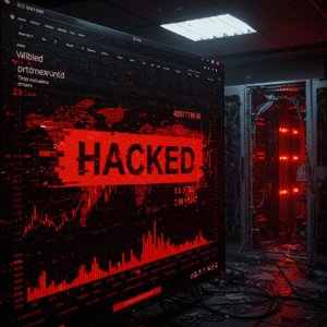 Cyber napad u mračnoj server sobi s crvenim signalima opasnosti.