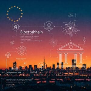 Silueta moderne gradske panorame i zalaska sunca s tehnološkim simbolima i blockchain temom.