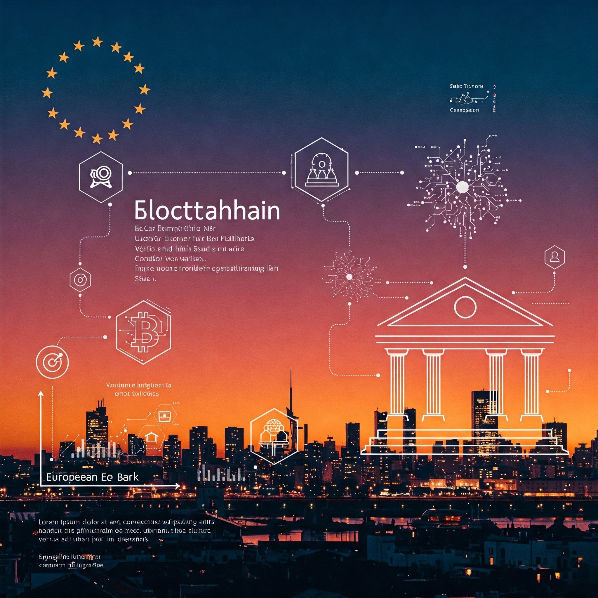 Silueta moderne gradske panorame i zalaska sunca s tehnološkim simbolima i blockchain temom.