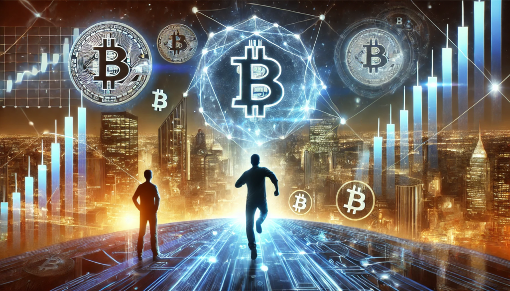 Futuristički prizor kriptovaluta s Bitcoin simbolima, urbanom pozadinom i porastom tržišnih grafikona. Tko koči