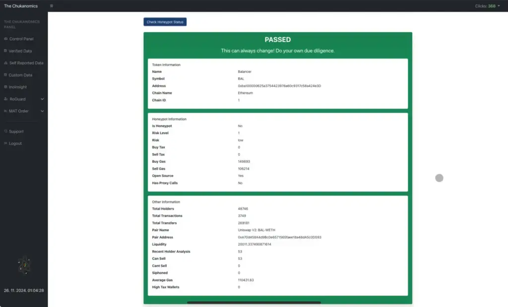 Kryptovaluta analiza Balancer, Ethereum token, PASSED status, Uniswap V2, niska rizikom.