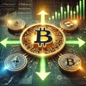 Vizualizacija Bitcoina s Ethereumom i PolkaDotom, kretanje kriptovaluta, analitički prikaz tržišta.