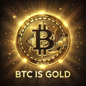 Digitalni Bitcoin zlatne boje s tehnologijskim motivima i frazom BTC JE ZLATO.