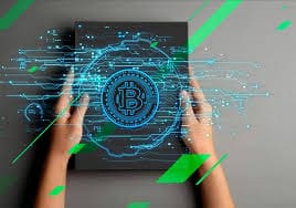 Prikaz digitalnog Bitcoin koncepta s futurističkim tehnološkim dizajnom i ljudskom interakcijom.