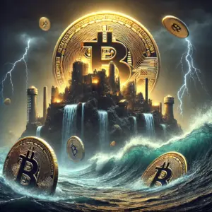 Fantastični prizor s Bitcoin tvrđavom, turbulentnim morem i munjama u tamnom nebu.