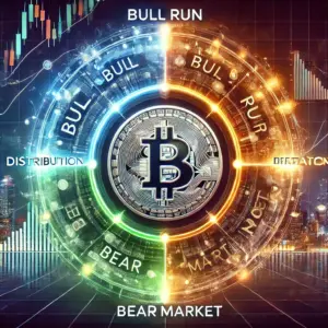 Bitcoin logo, market cycles, bull run, bear market, urban skyline, blockchain technology.