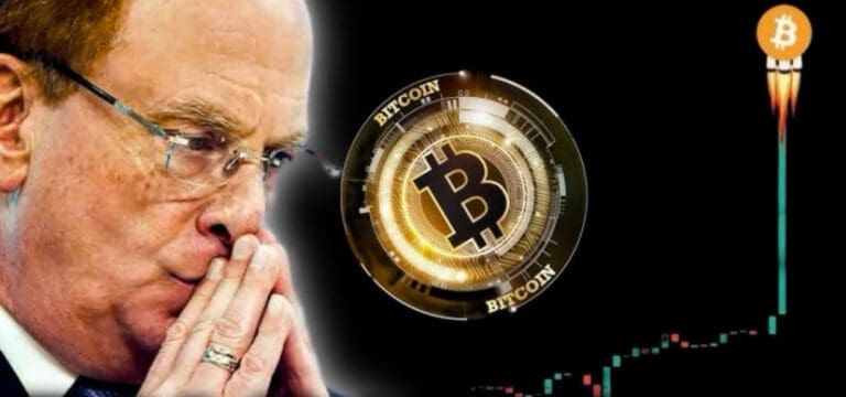 Čovjek razmišlja o Bitcoin-u, uzlazni grafikon i raketirajući simbol.