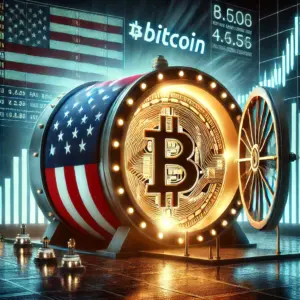 Bitcoin trezor sa američkom zastavom i podacima o kriptovalutama.