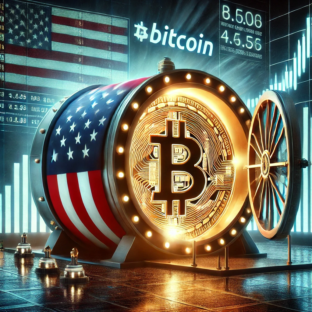 Bitcoin trezor sa američkom zastavom i podacima o kriptovalutama.