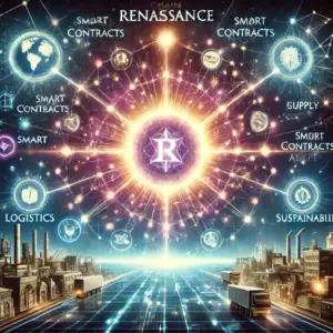 Digital hub visualization: blockchain, smart contracts, sustainability, global logistics, neural network.