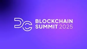 Blockchain Summit 2025: moderan dizajn, apstraktni simbol, ljubičasto-plava gradijentna pozadina. DC blockchain