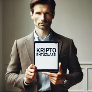 Muškarac u odijelu drži tablet s natpisom KRIPTO ENTUZIJASTI.
