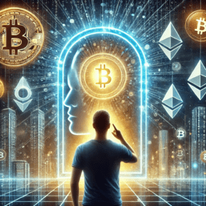 Futuristička scena kriptovaluta s Bitcoinom, Ethereumom i siluetom ispred digitalnog pejzaža.