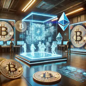 Futuristička scena: blockchain tehnologija, kriptovalute, Bitcoin, Ethereum, digitalni prostor, virtualna stvarnost.
