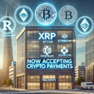 Nekretnine prihvaćaju kripto plaćanja: Bitcoin, Ethereum, Dogecoin, XRP u modernom urbanom okruženju.