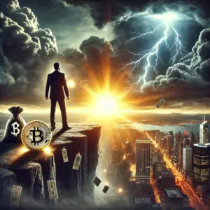 Čovjek na rubu litice gleda grad s Bitcoin i dolar simbolima ispred olujnog neba.