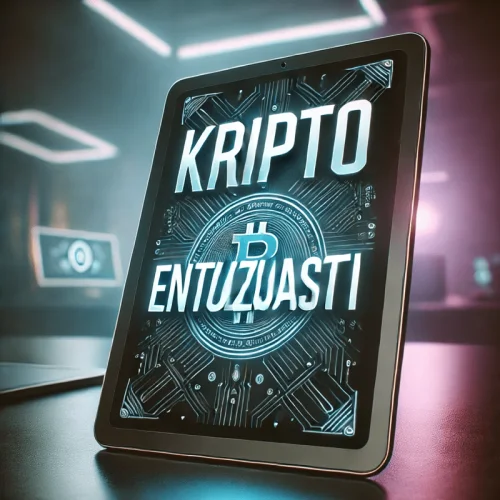 Tablet prikazuje Bitcoin simbol u tech-ambijentu s natpisom KRIPTO ENTUZIJASTI. Sve što niste o kriptu znali