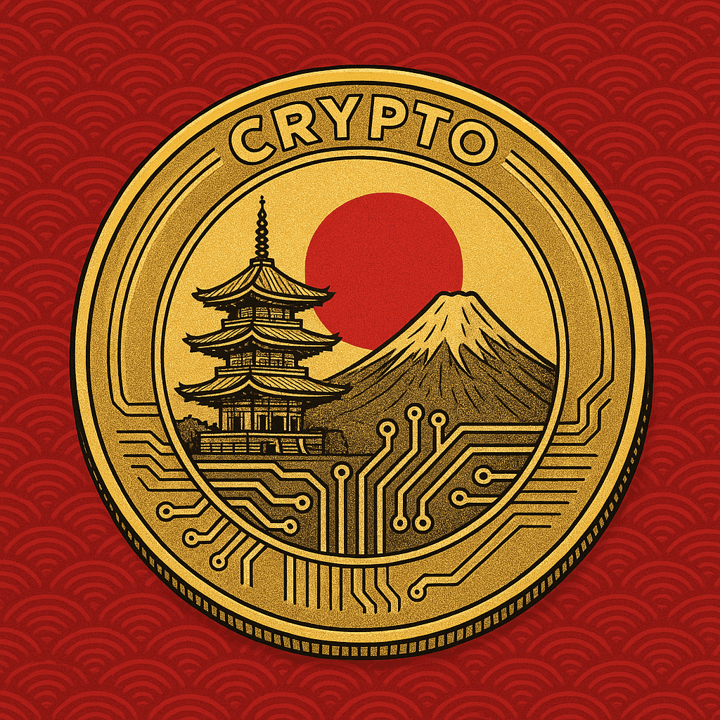 Japan Crypto Kovanica kriptovalute s motivima Japana, crvenim valovima i planinom Fuji.