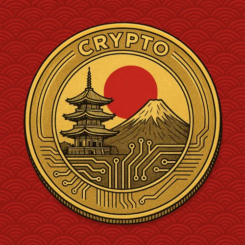 Japan Crypto Kovanica kriptovalute s motivima Japana, crvenim valovima i planinom Fuji.