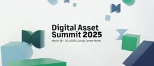 Promocijski banner Digital Asset Summit 2025 u New Yorku s geometrijskim oblicima.