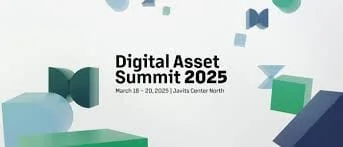 Promocijski banner Digital Asset Summit 2025 u New Yorku s geometrijskim oblicima.