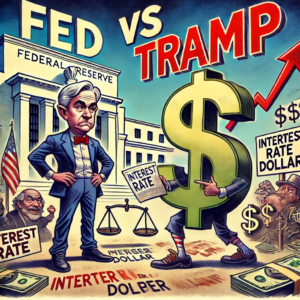 Satirični crtež: Federalna rezerva protiv TRAMP-a, inflacija, kamatne stope, sukob ekonomskih sila.