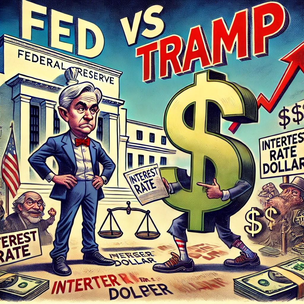 Satirični crtež: Federalna rezerva protiv TRAMP-a, inflacija, kamatne stope, sukob ekonomskih sila,agresivna politika