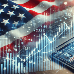 Financijski grafikoni preko američke zastave prikazuju ekonomski rast i tehnološku modernizaciju.