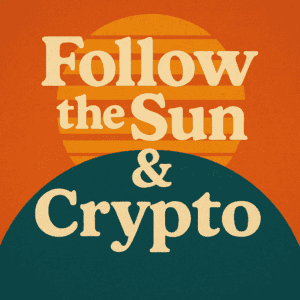 Retro sun and crypto design: vintage style, orange background, teal contrast, bold serif text.