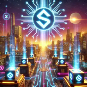 Futuristički cyberpunk grad s Solana blockchain logom, tehnološkim svjetlima i nebom.