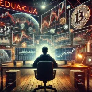 Osoba analizira kriptovalute uz ekrane, grafove i Bitcoin simbol u učionici.