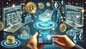 Futurističko tržište kriptovaluta s hologramima Bitcoina, Ethereuma i digitalna e-trgovina.