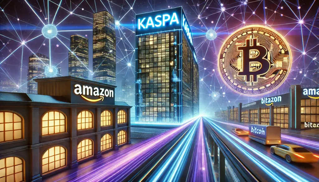 Futuristički grad s KASPA neboderom, Amazon centrima, Bitcoin simbolom i digitalnom infrastrukturom.