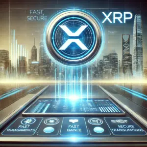 Futuristički digitalni pejzaž s XRP logotipom i visokotehnološkim gradskim neboderima.