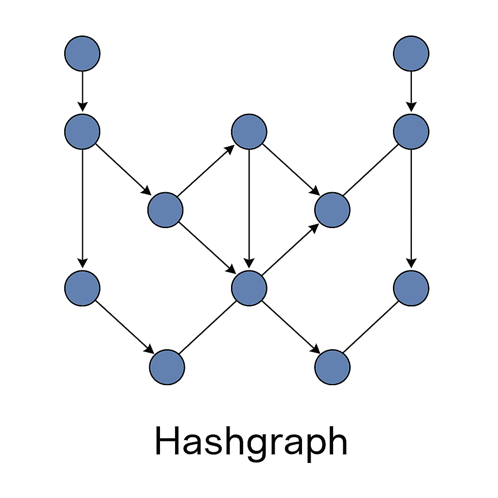 Dijagram mreže Hashgraph prikazuje međusobno povezane čvorove i tokove informacija u decentraliziranom sustavu.