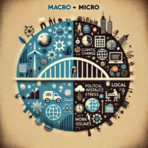 Vizualna dihotomija: globalni makro izazovi i mikro osobni problemi spojeni mostom.