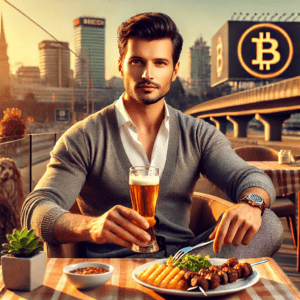 Muškarac u kafiću, pije pivo, uživa u hrani, moderni grad u pozadini, zalazak sunca.