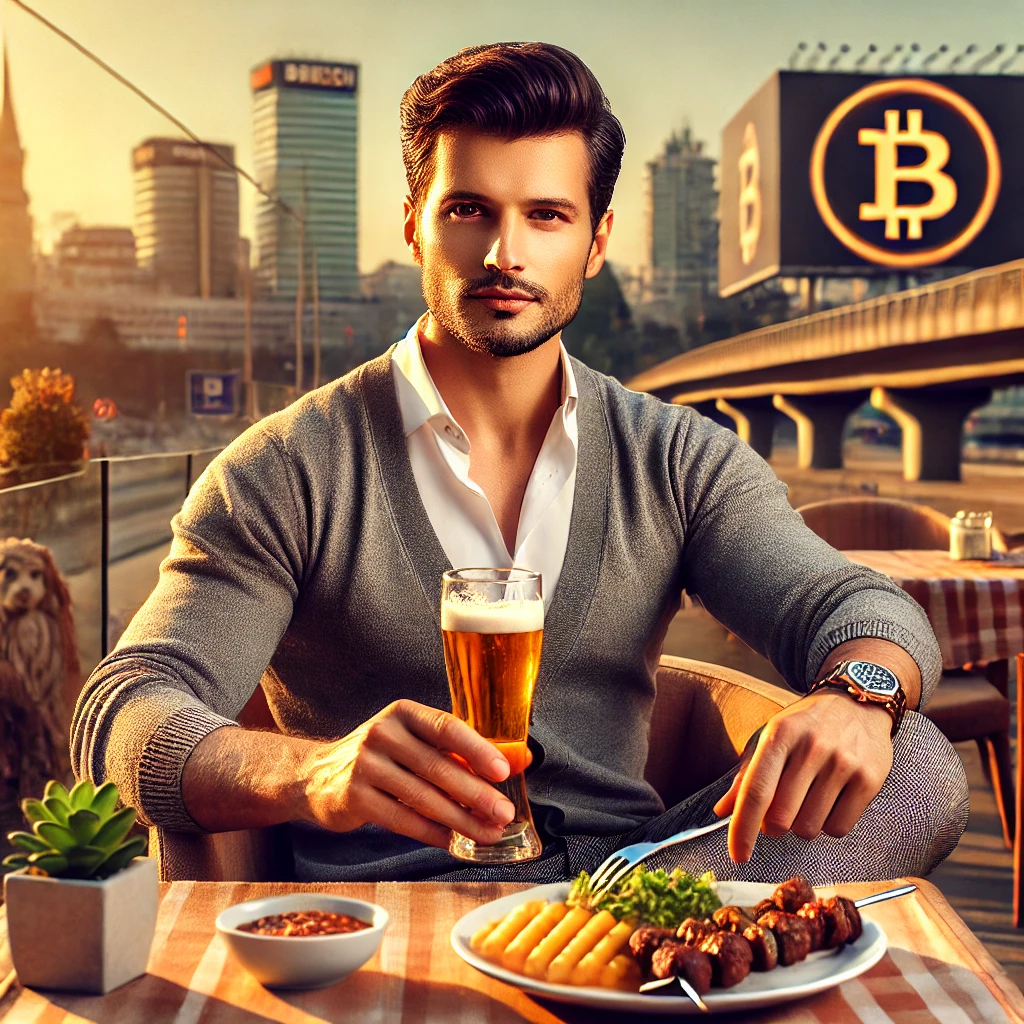 Muškarac u kafiću, pije pivo, uživa u hrani, moderni grad u pozadini, zalazak sunca. Ja imam tri mane