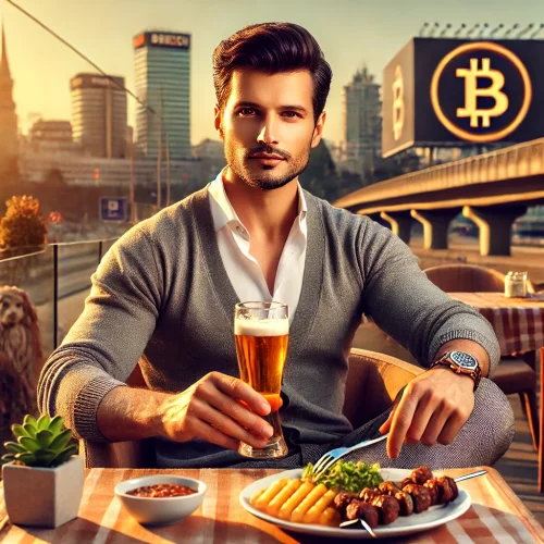 Muškarac u kafiću, pije pivo, uživa u hrani, moderni grad u pozadini, zalazak sunca. Ja imam tri mane