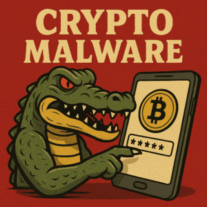 Opasnost od kripto-malwarea: aligator drži pametni telefon i iskazujući prijetnju virtualnom sigurnosti.