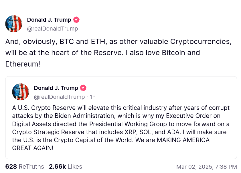 Donald Trump cryptocurrency reserve plan 2025: Bitcoin, Ethereum, XRP, SOL, ADA focus.