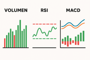 Grafički prikaz financijskih indikatora: volumen, RSI i MACD za analizu trgovanja.