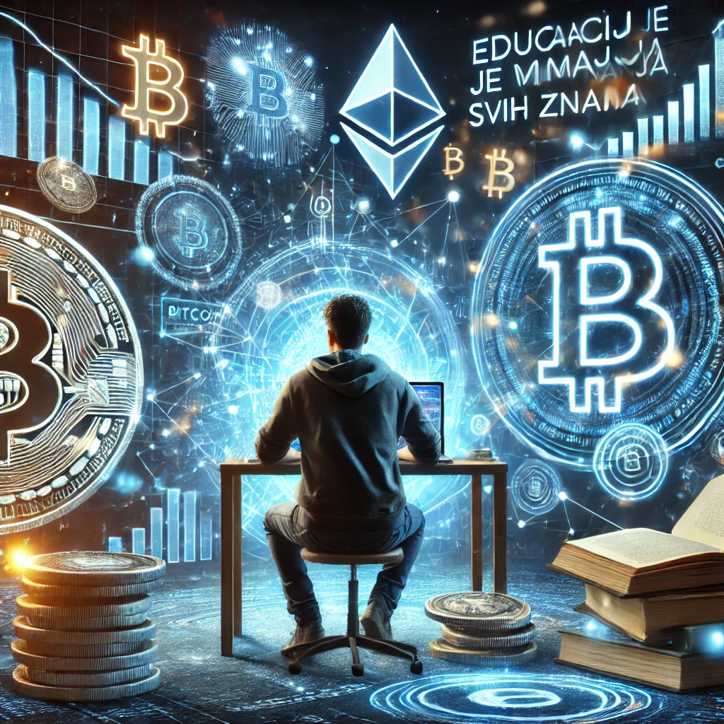 Osoba za stolom s laptopom okružena simbolima kriptovaluta u digitalno-plavom okruženju. Tri osnovna pravila ulaganja u crypto