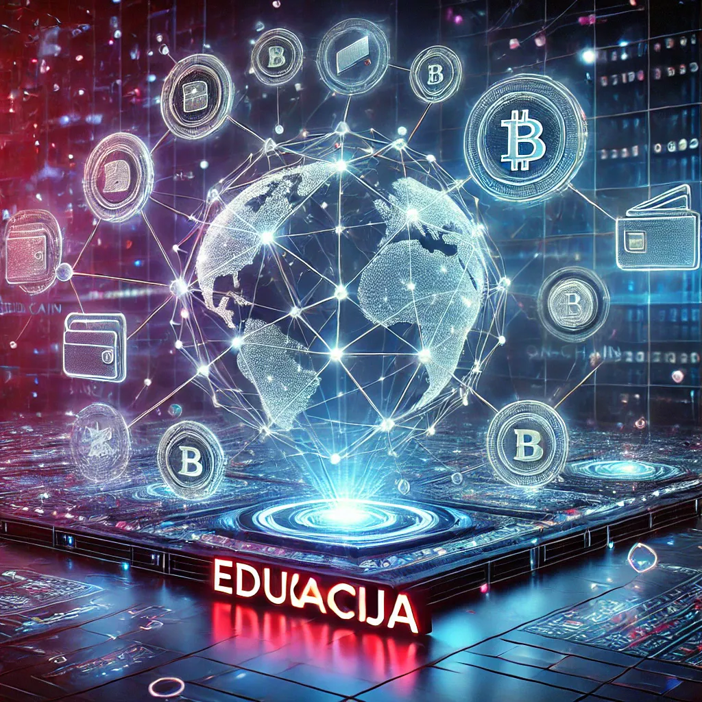 Digitalna povezanost kriptovaluta i tehnologije, istaknuta edukacija kroz blockchain svijet.