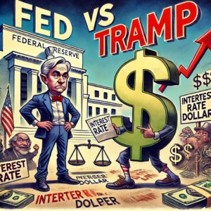 Satirični crtež: Federalna rezerva protiv TRAMP-a, inflacija, kamatne stope, sukob ekonomskih sila.