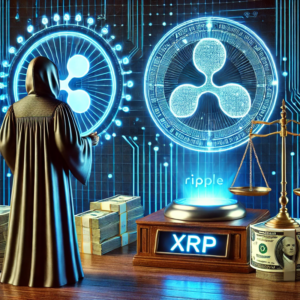 Futuristički prikaz XRP kriptovalute uz motiv pravosuđa i financijske ravnoteže.