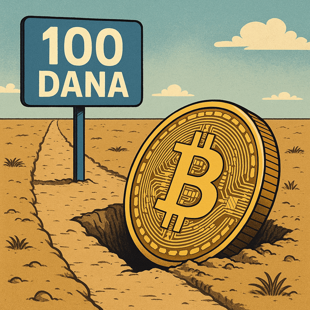 Bitcoin u suhoj pustinji s natpisom 100 DANA pod plavim nebom.