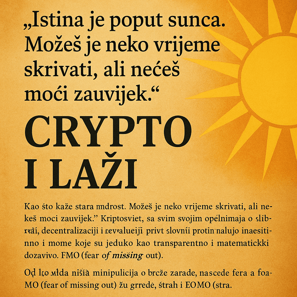 Kripto, istina, laži, decentralizacija, transparentnost, financijska revolucija, ilustracija sunca. Kripto i laži