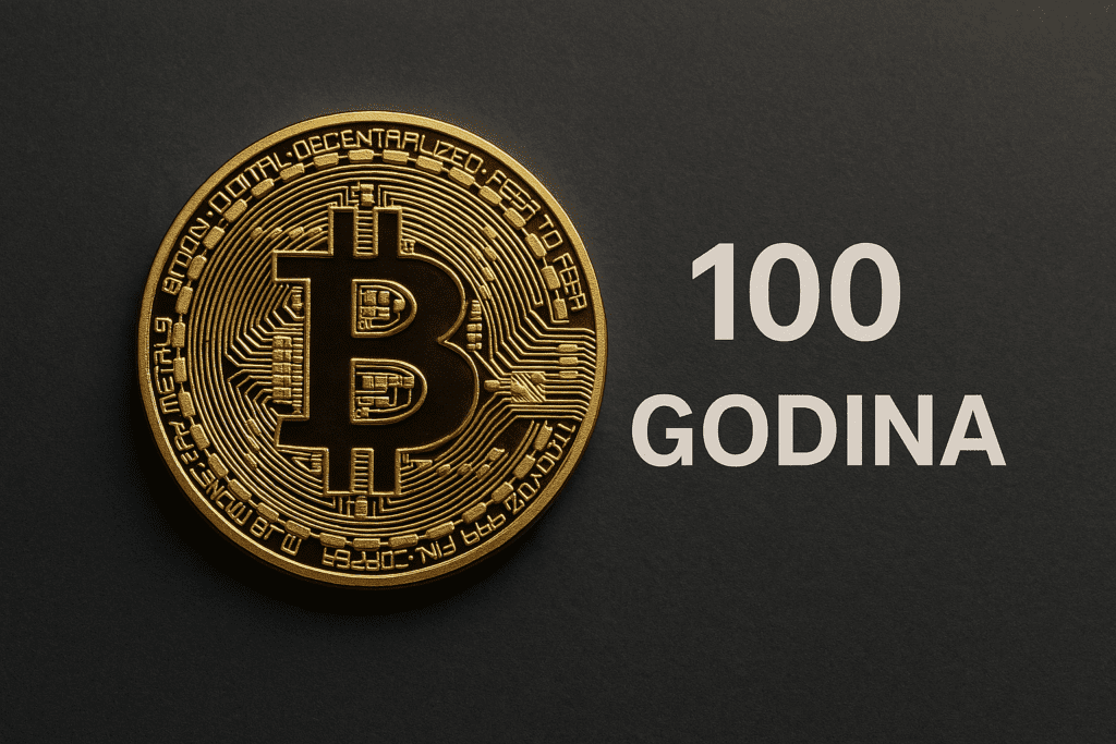 Bitcoin 100 godina obilježje, zlatni detalji, tamna pozadina, moderni dizajn.